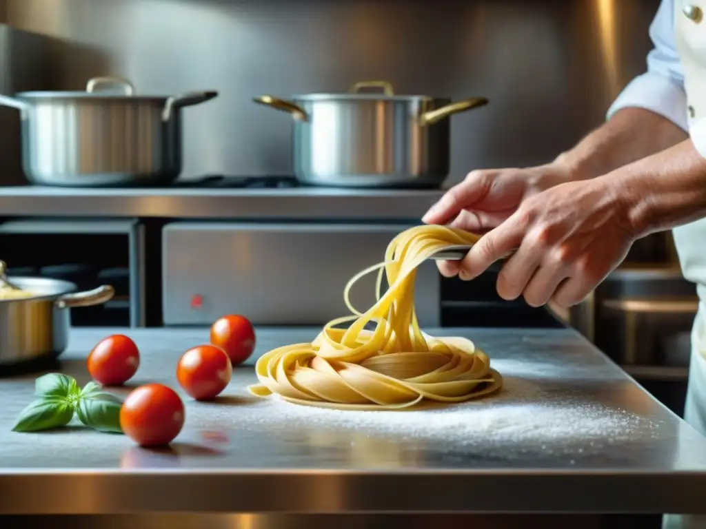 Maestro italiano de la pasta fresca en cocina rústica Un chef italiano experto en pasta fresca en una cocina rústica y bulliciosa