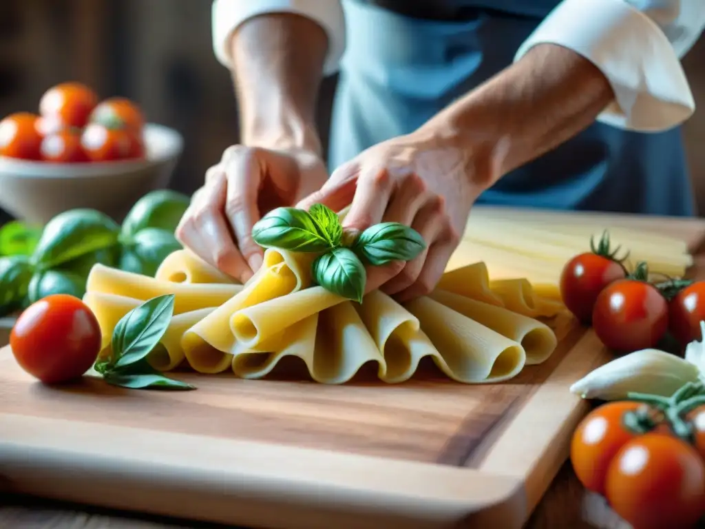 Un chef italiano experto moldea pasta con precisión y velocidad, rodeado de ingredientes frescos