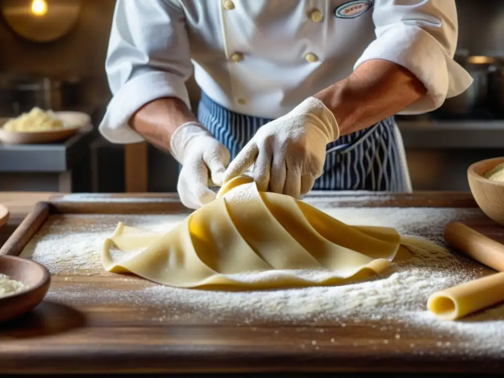 Un chef italiano experto enrolla pasta con destreza en una cocina rústica