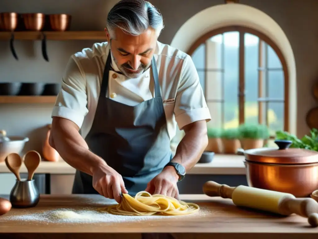 Un chef italiano experto preparando pasta tradicional a mano en una cocina rústica