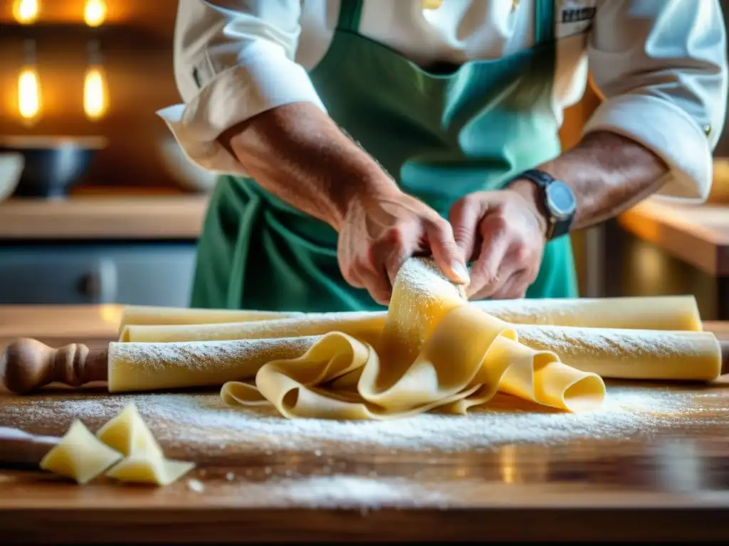 Un chef italiano experto preparando pasta fresca en una cocina rústica