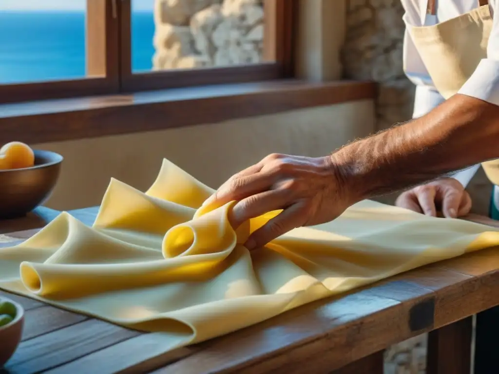 Un chef italiano experto elaborando pasta a mano en una cocina rústica con vista a la costa de Capri