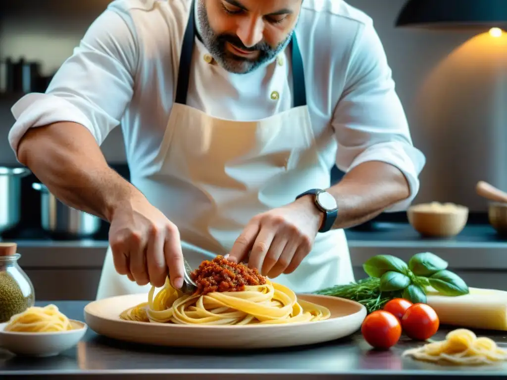 Un chef italiano experto preparando pasta casera con salsa ragú en una cocina tradicional, resaltando productos DOP e IGP en cocina italiana