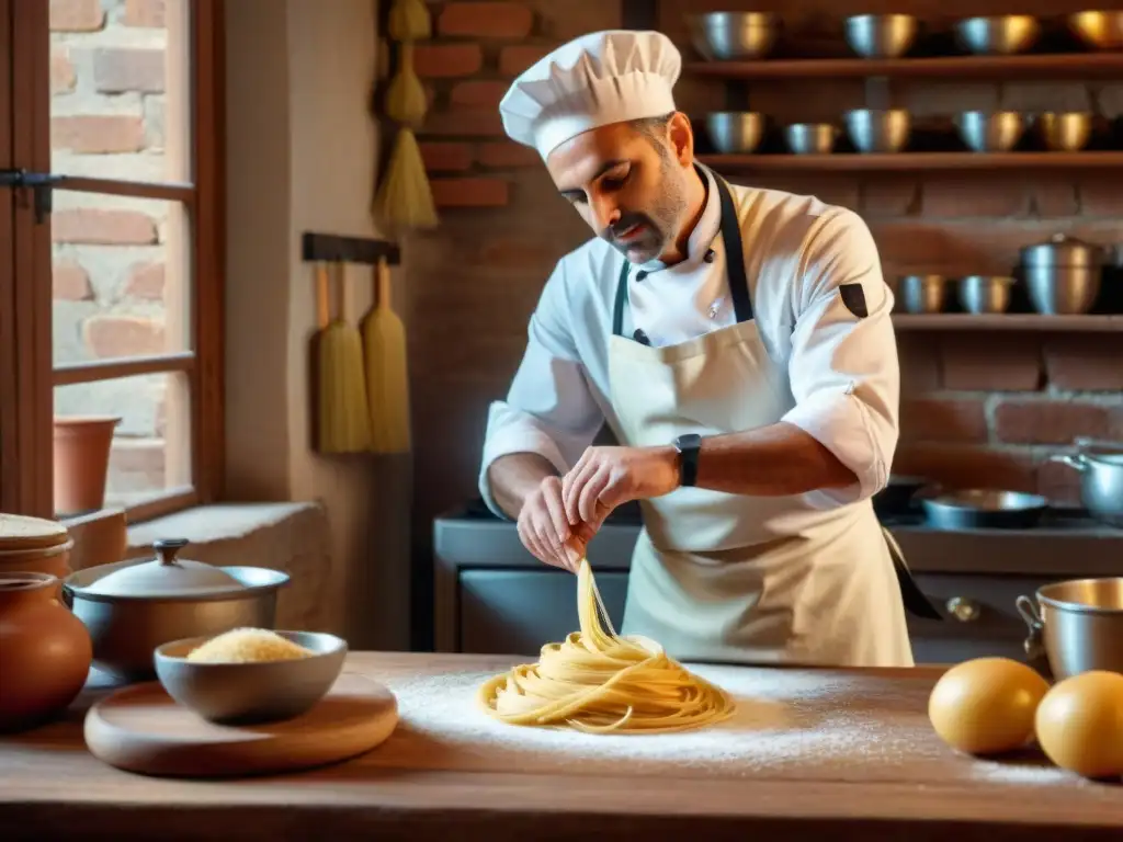 Un chef italiano experto moldea pasta tradicional en una acogedora cocina de la Toscana