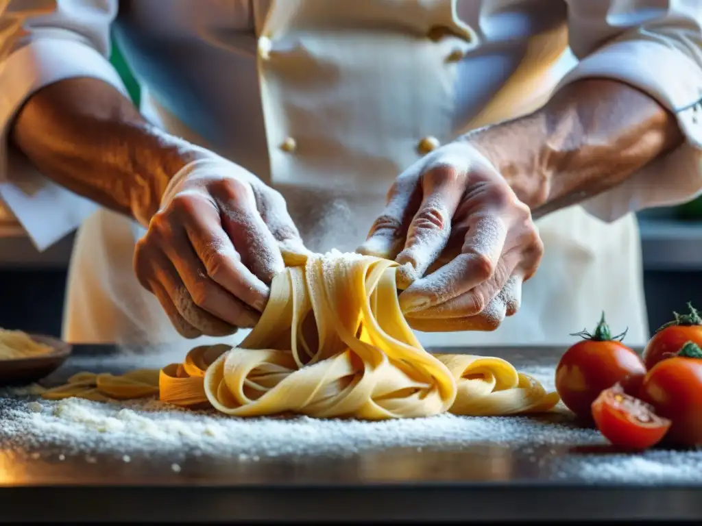 Un chef italiano experto en pasta artesanal, con manos hábiles creando recetas con productos DOP italianos