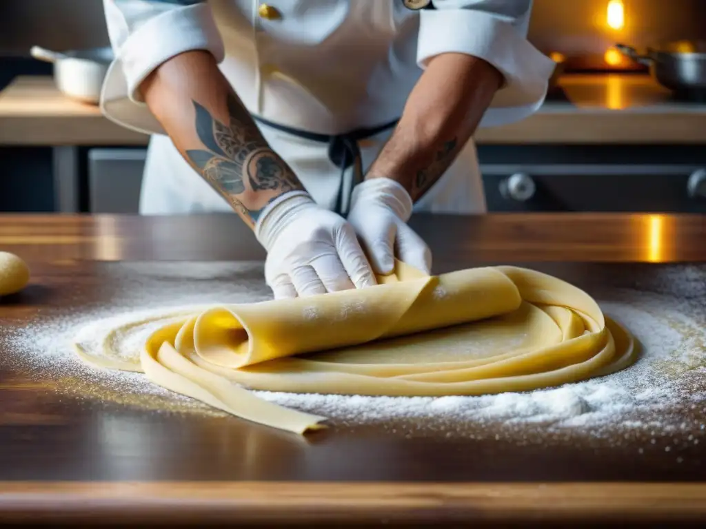 Chef italiano experto elaborando pasta fresca a mano para productos DOP e IGP en cocina italiana