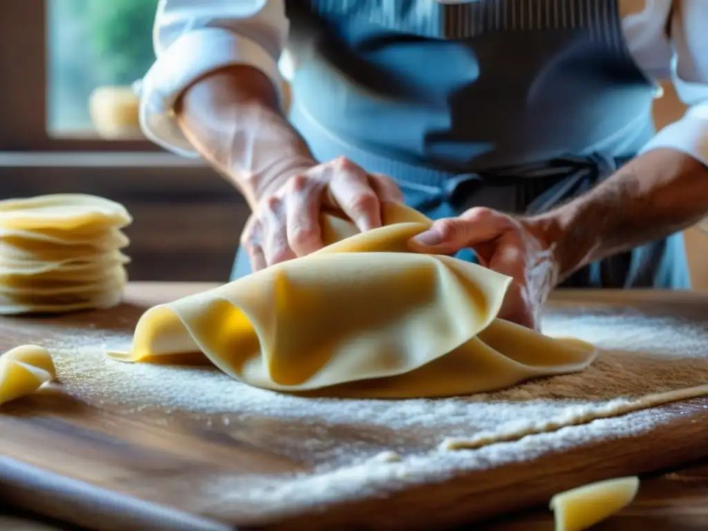 Un chef italiano experto en pasta fresca, mostrando la artesanía y dedicación en la cocina con productos DOP e IGP