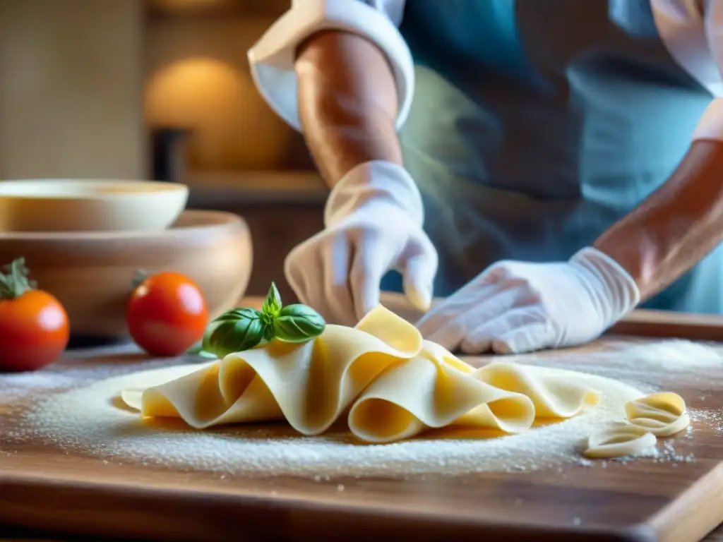 Un chef italiano experto en pasta fresca enrolla a mano la masa sobre una encimera de madera, con productos DOP e IGP en cocina italiana