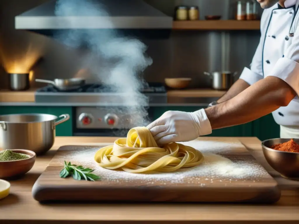 Un chef italiano experto preparando pasta a mano en una cocina tradicional