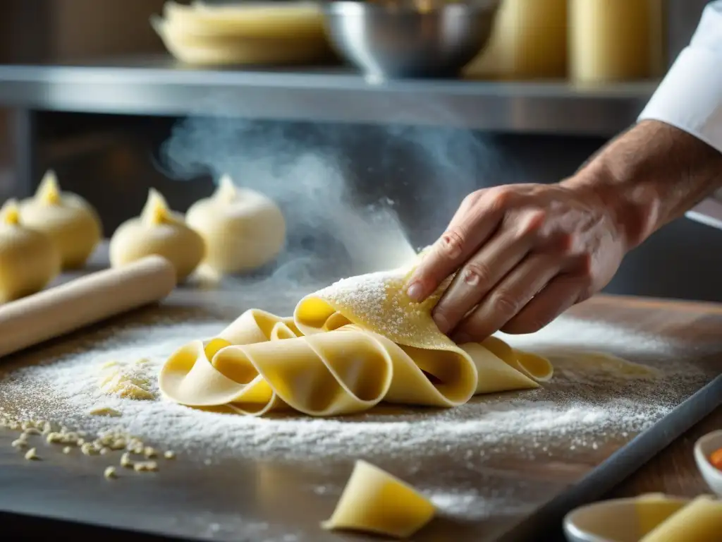 'Un chef italiano experto moldeando pasta fresca con destreza