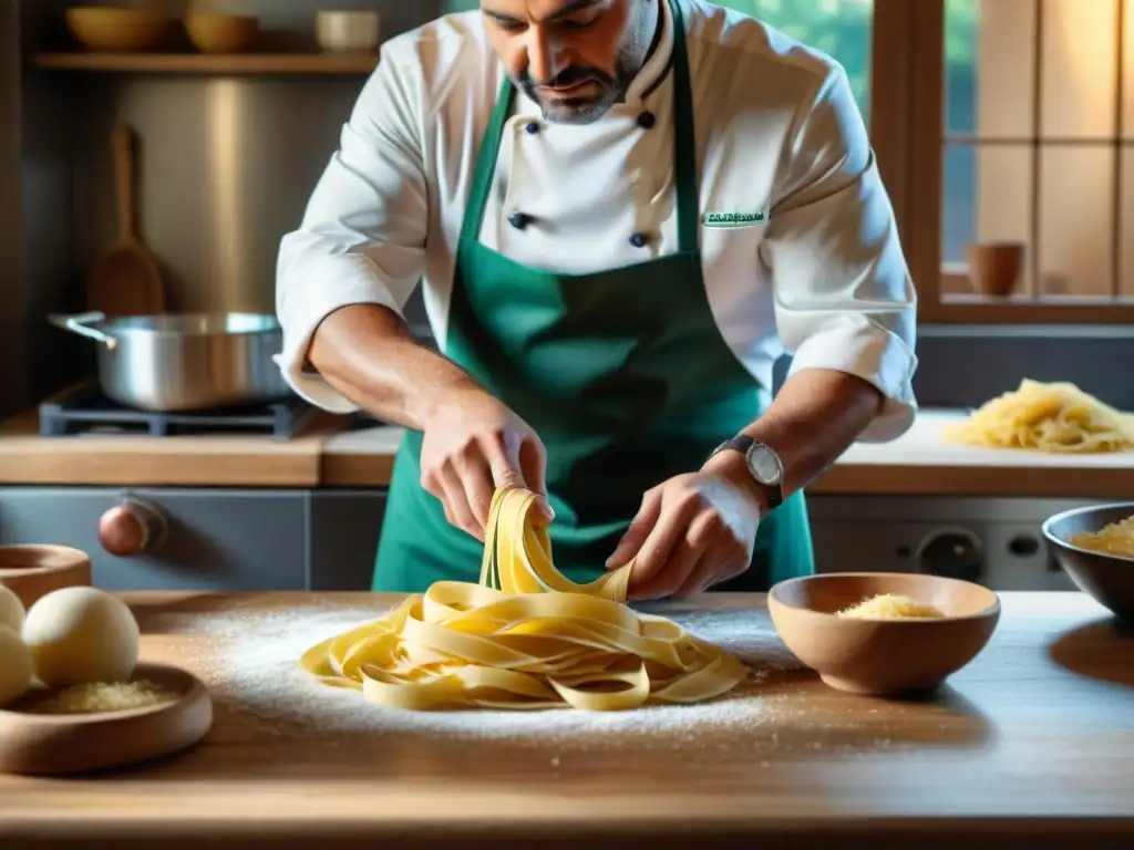 Un chef italiano experto elaborando pasta fresca a mano en una cocina tradicional