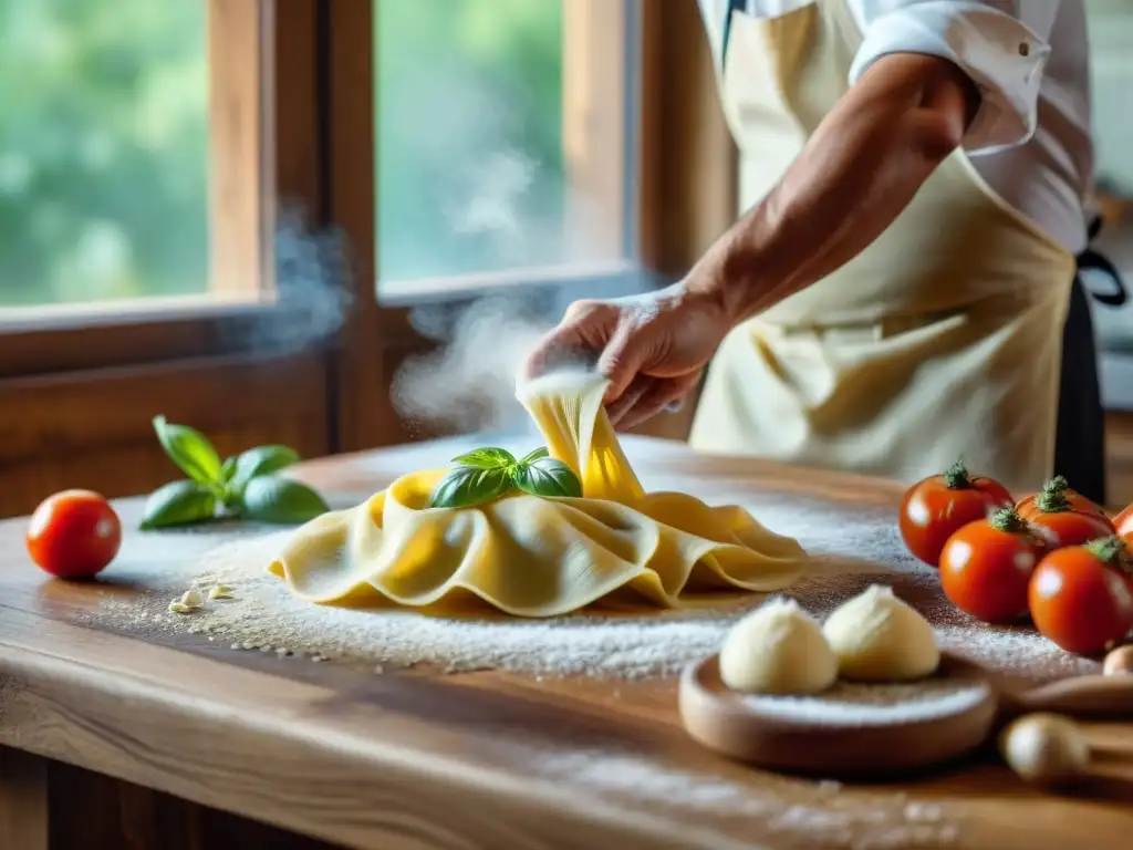 Chef italiano experto en pasta fresca formando ravioli, con ingredientes frescos y luz natural