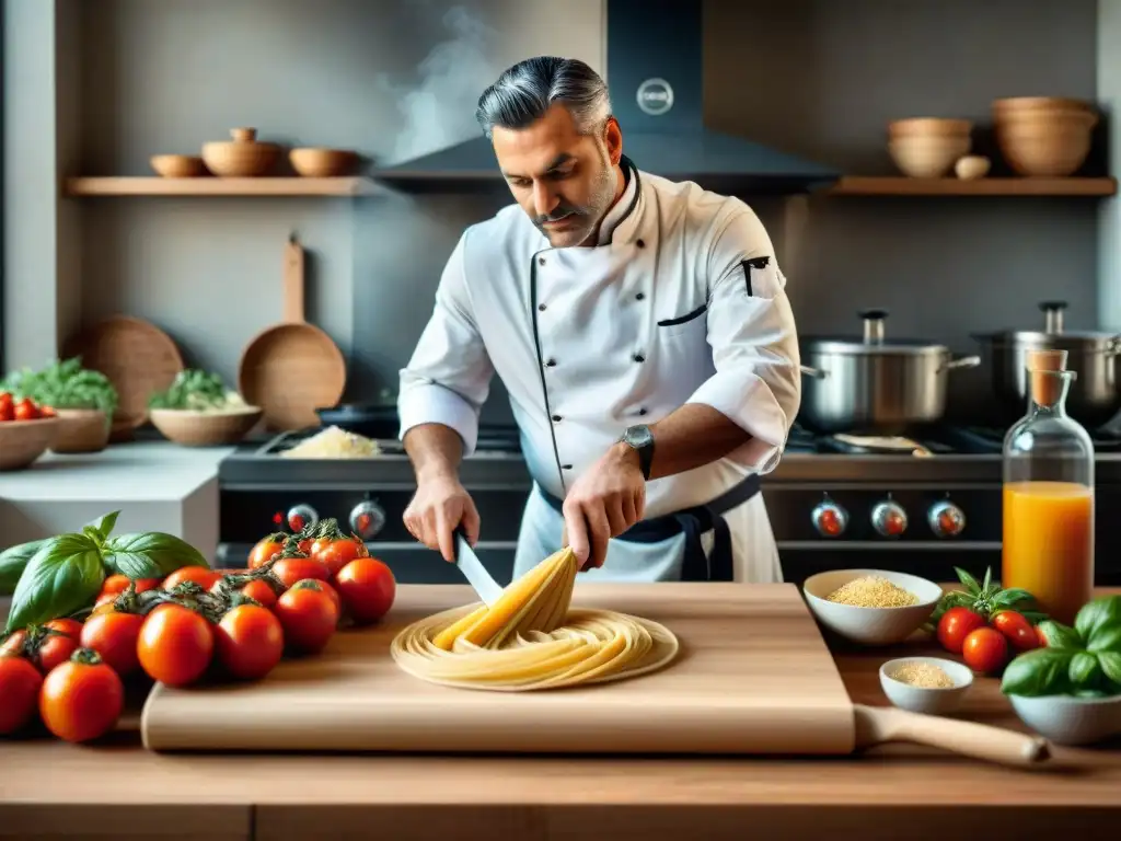 Un chef italiano experto preparando pasta casera en una cocina tradicional, rodeado de ingredientes frescos y libros de recetas italianas chefs