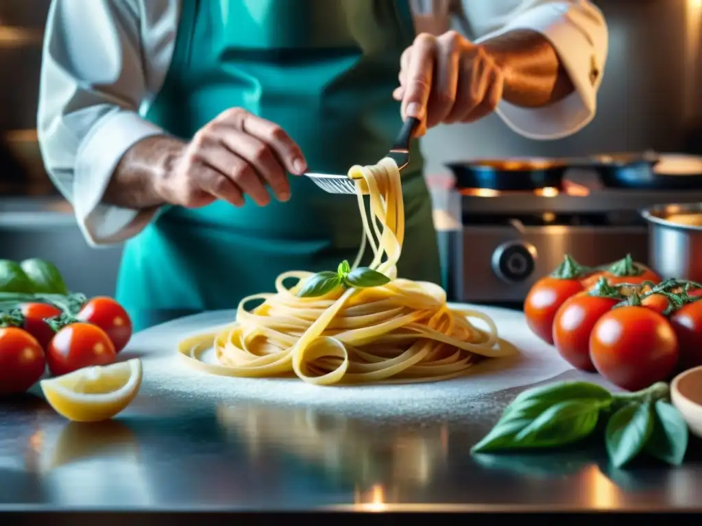 Un chef italiano experto elaborando pasta fresca en una cocina bulliciosa, con ingredientes tradicionales