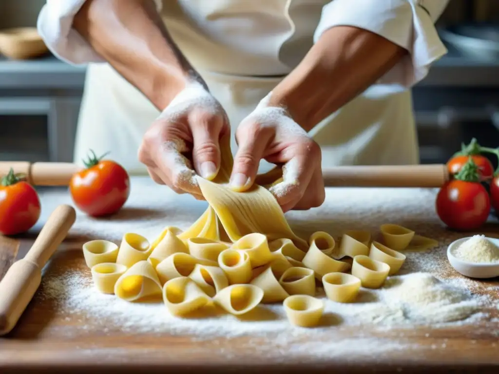 Un chef italiano experto moldea pasta a mano rodeado de ingredientes frescos y utensilios tradicionales