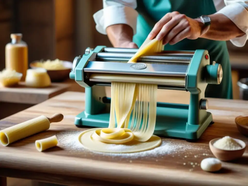 Un chef italiano experto en pasta enrolla a mano la masa en una mesa rústica, evocando los Secretos de la pasta italiana