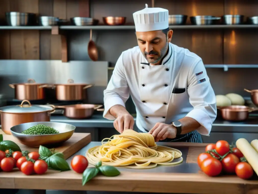 Un chef italiano experto preparando pasta fresca en una cocina bulliciosa