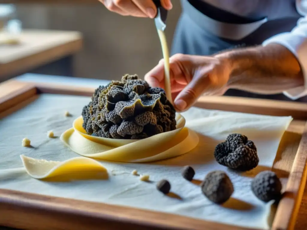 Un chef italiano experto guía trufa sobre pasta casera, deleitando los sentidos en una cocina rústica