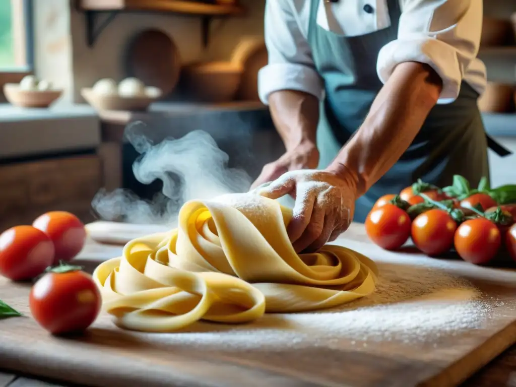 Un chef italiano experto elaborando pasta fresca en una cocina tradicional de la Toscana, rodeado de ingredientes frescos