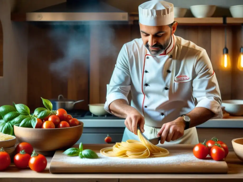 Un chef italiano experto elaborando pasta tradicional a mano en una cocina rústica