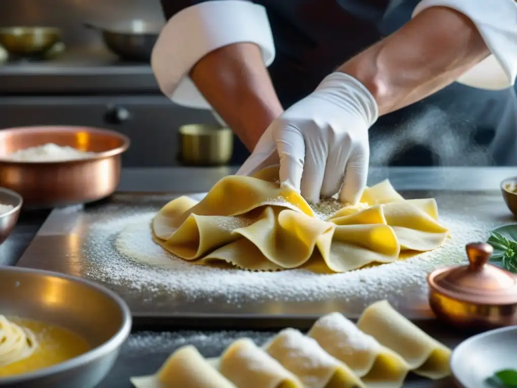 Un chef italiano experto enrolla pasta fresca para ravioli en una cocina tradicional