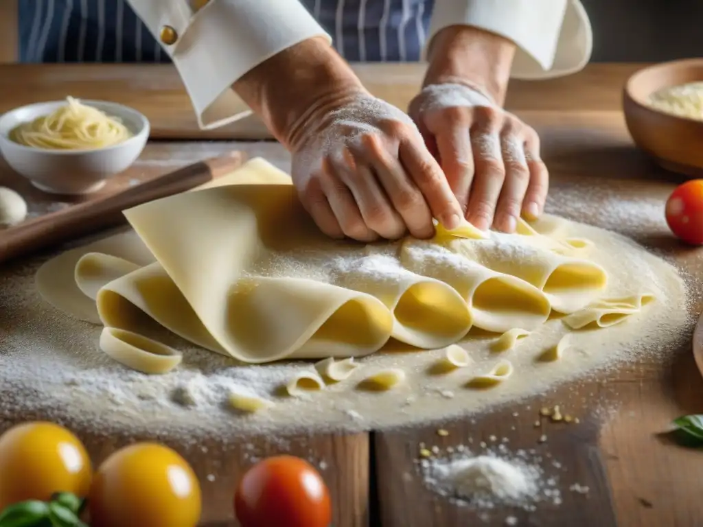 Un chef italiano experto en pasta creando ravioli con ingredientes frescos en una mesa rústica