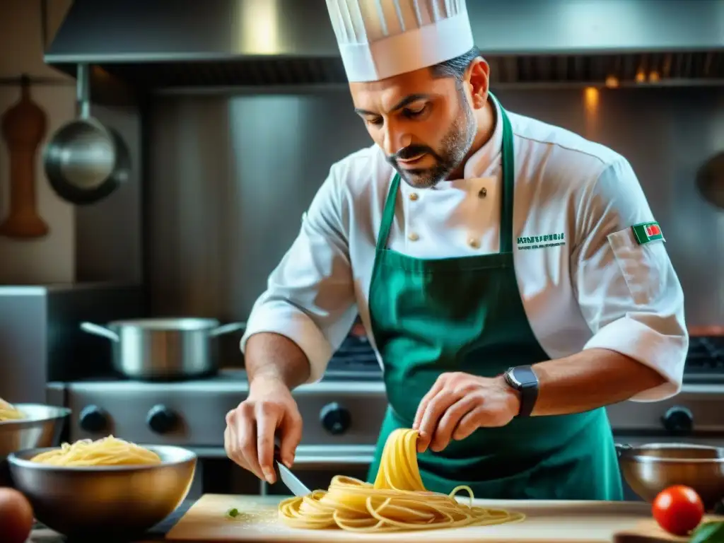 Un chef italiano experto elaborando pasta fresca en una bulliciosa cocina tradicional, rodeado de ingredientes frescos como tomates, albahaca y ajo