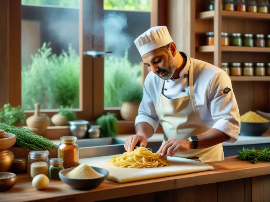 Un chef italiano experto prepara pasta a mano en una cocina rústica