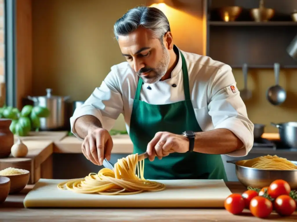 Un chef italiano experto moldea pasta tradicional a mano, rodeado de ingredientes frescos