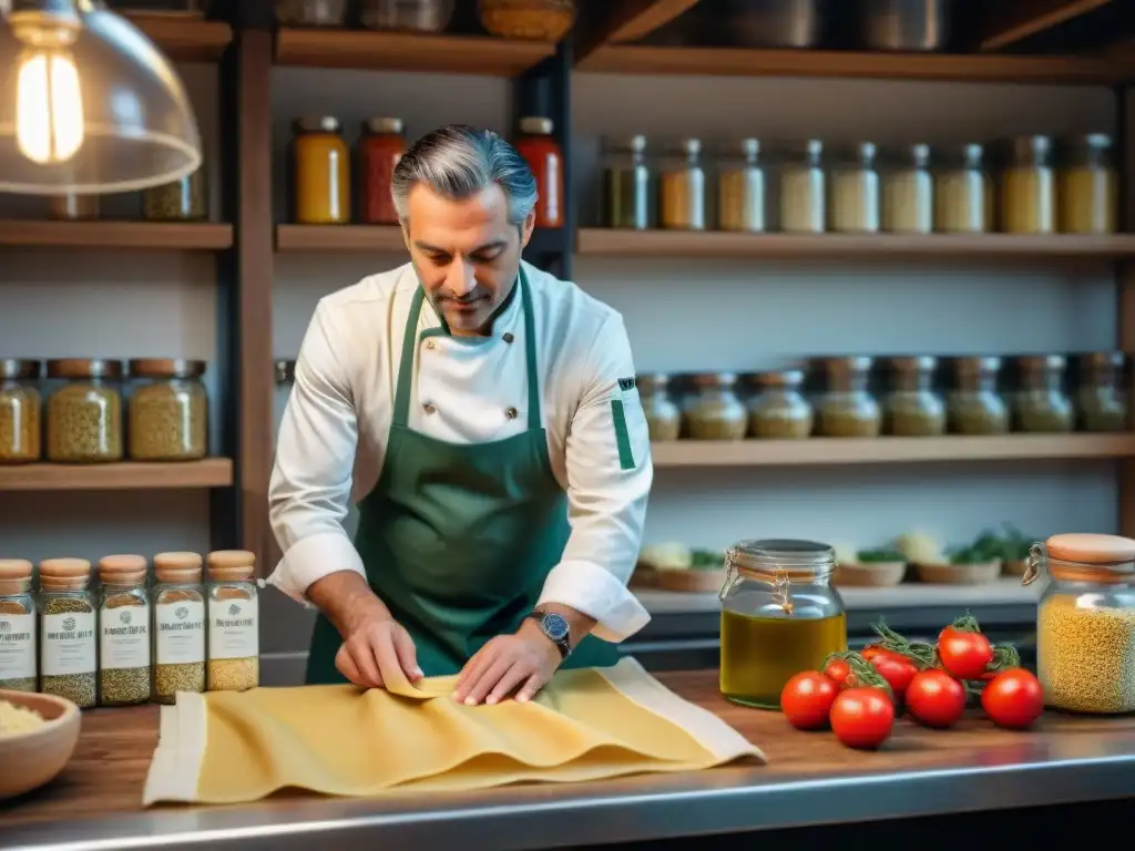 Chef italiano experto preparando pasta en cocina tradicional y contemporánea