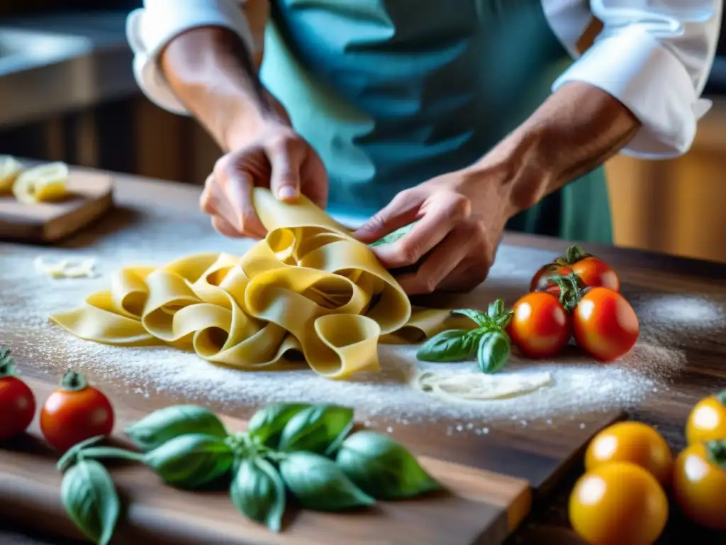 Un chef italiano experto en pasta fresca, en una cocina rústica con tomates y albahaca