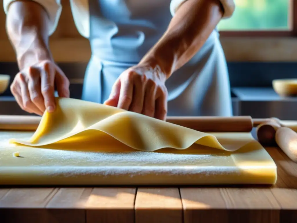 Un chef italiano experto elaborando pasta fina a mano en una cocina rústica de Milán durante un tour gastronómico