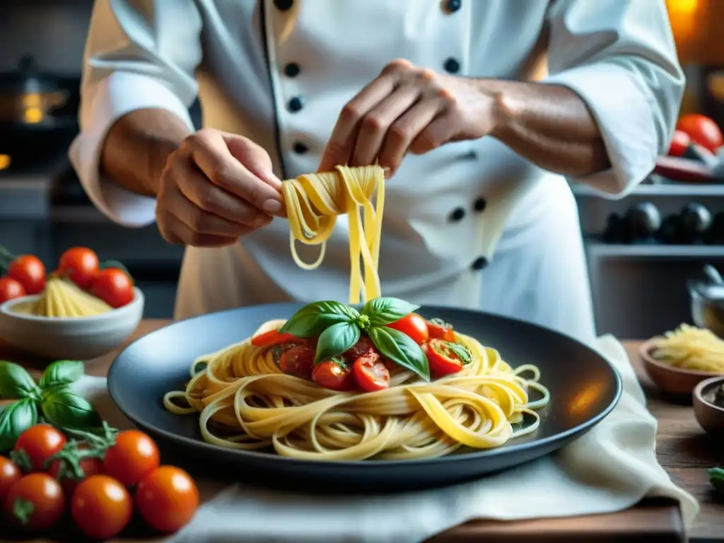 Un chef italiano experto prepara pasta tradicional en una cocina rústica con ingredientes frescos