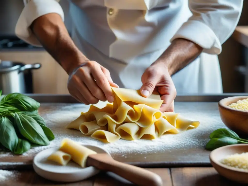 Un chef italiano experto elabora pastas rellenas en una cocina rústica del norte de Italia