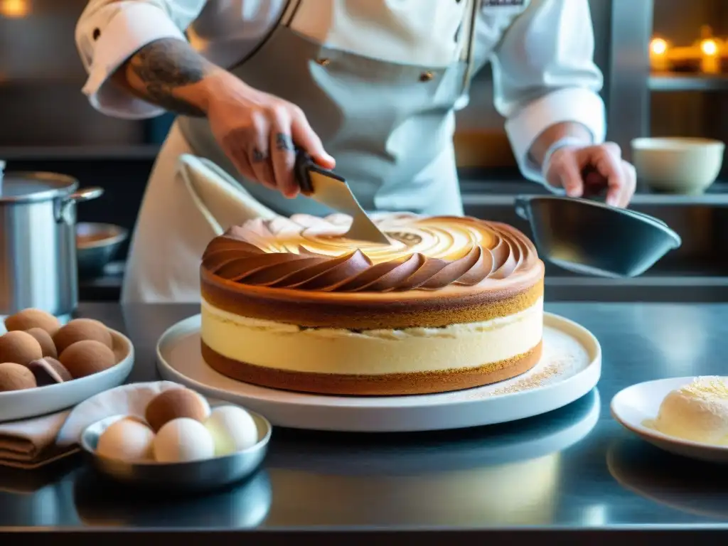 Chef italiano experto en pastelería italiana tradicional decorando un tiramisú recién horneado con precisión y arte