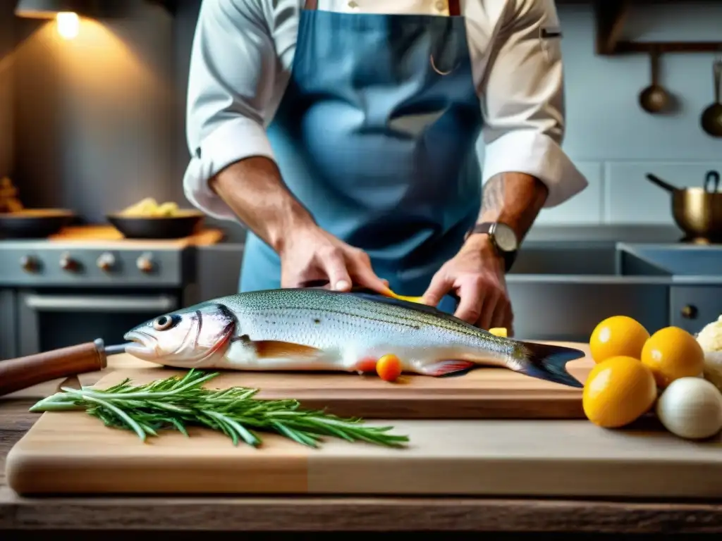 Un chef italiano experto filetea un pescado fresco en una cocina rústica, mostrando las técnicas italianas de conservación de alimentos fríos