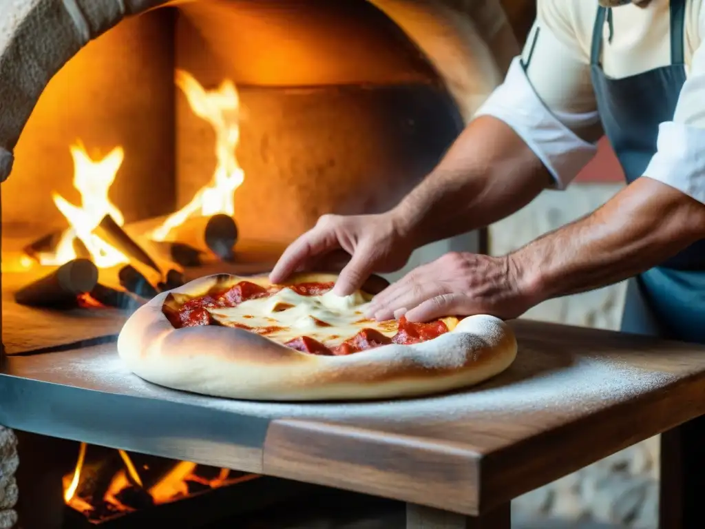 Chef italiano experto en pizzería napolitana estirando masa para pizza en horno de leña