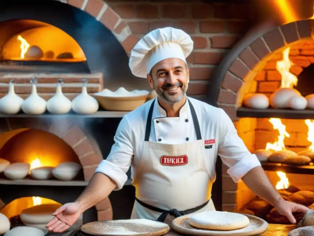 Chef italiano experto en pizzería tradicional en Nápoles, Italia, lanzando masa de pizza al aire con harina