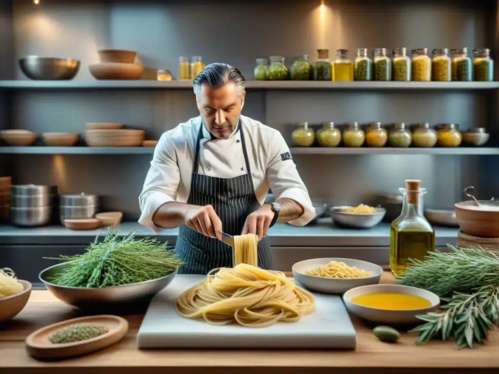 Chef italiano experto elaborando plato de pasta casera en cocina vibrante