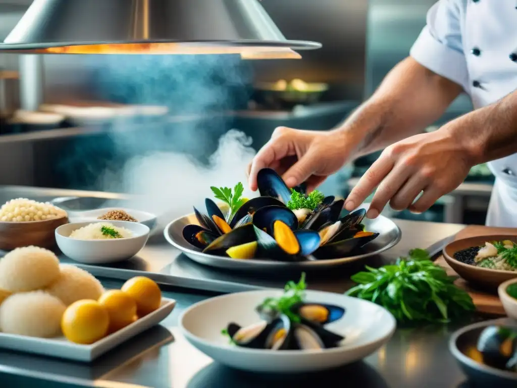 Un chef italiano experto prepara un plato de mariscos en una cocina bulliciosa, destacando la precisión y arte de la cocina italiana marina