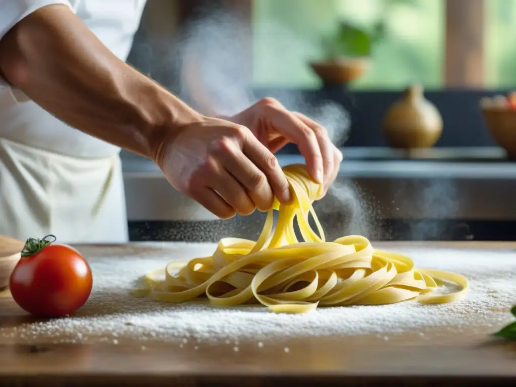 Un chef italiano experto creando plato de pasta en cocina rústica y soleada para revistas italianas de diseño gastronómico