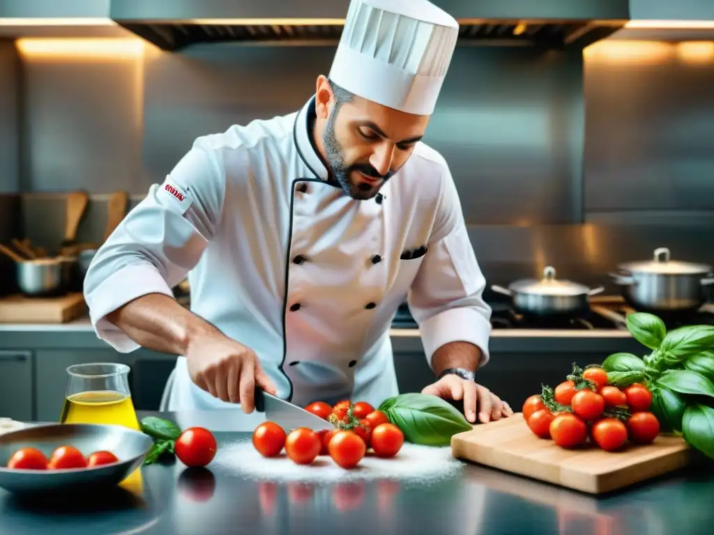 Chef italiano experto preparando plato fusión en cocina moderna con ingredientes tradicionales