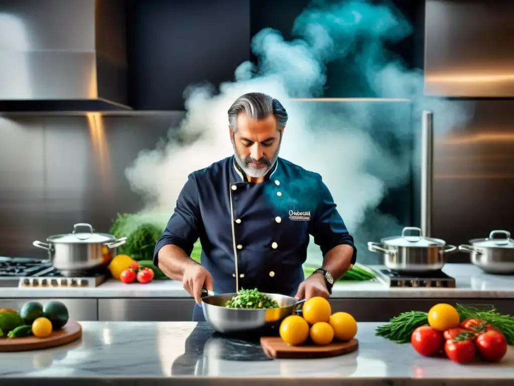 Un chef italiano experto preparando platos icónicos de cocina italiana en una cocina de alta gama