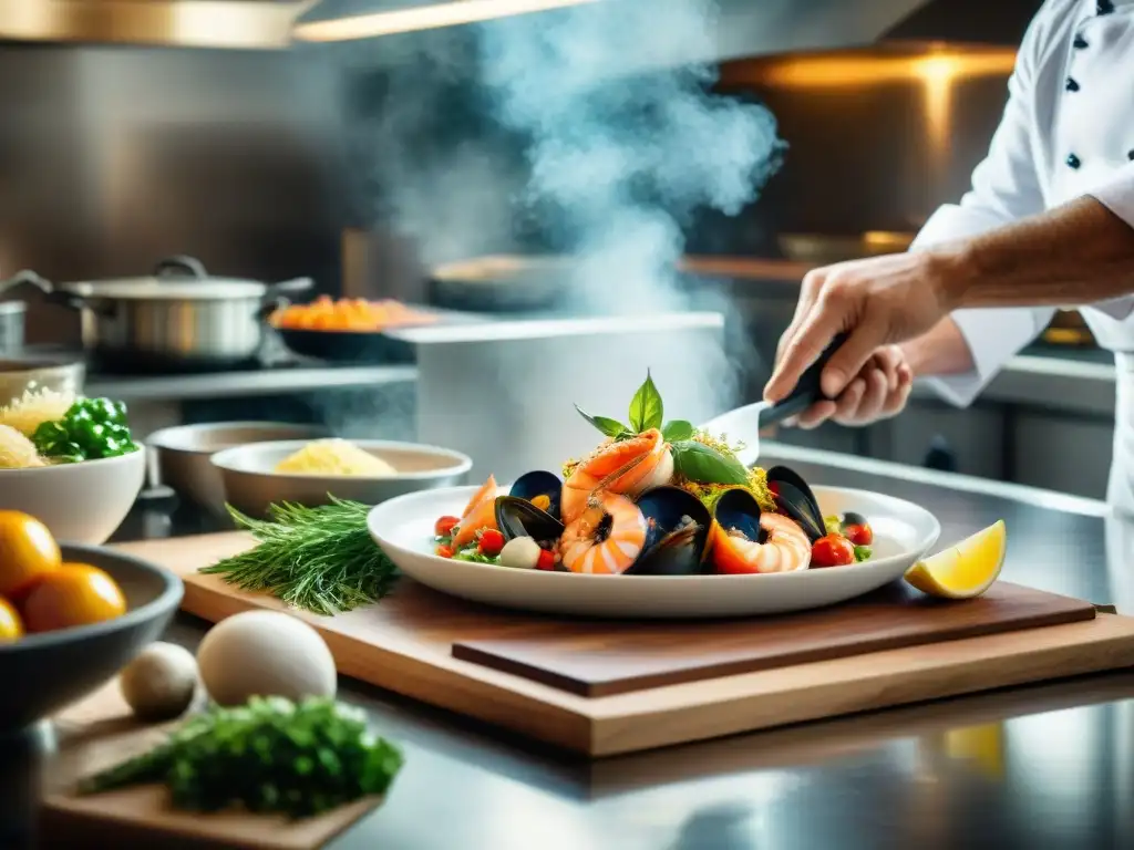 Un chef italiano experto preparando platos de mar italianos saludables en una cocina vibrante y llena de ingredientes frescos