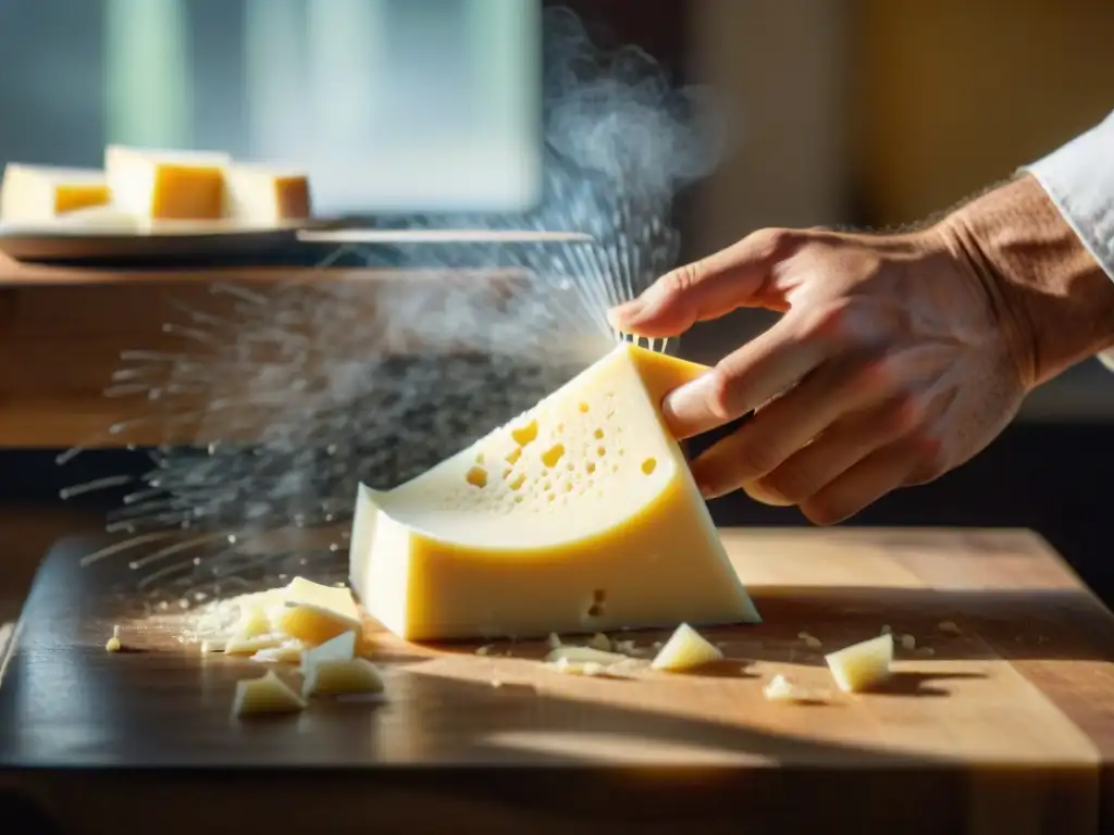 Un chef italiano experto rallando queso Parmigiano Reggiano con un rayo de sol