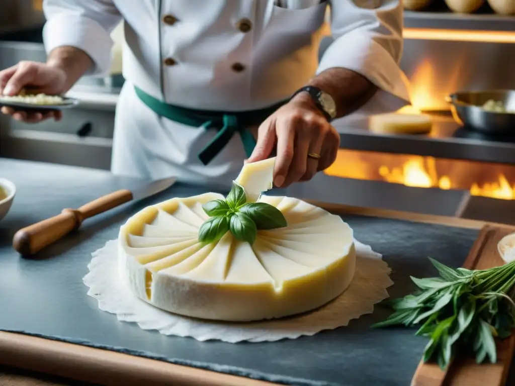 Un chef italiano experto moldea un queso Gorgonzola en una bulliciosa cocina tradicional italiana llena de hierbas y ajo