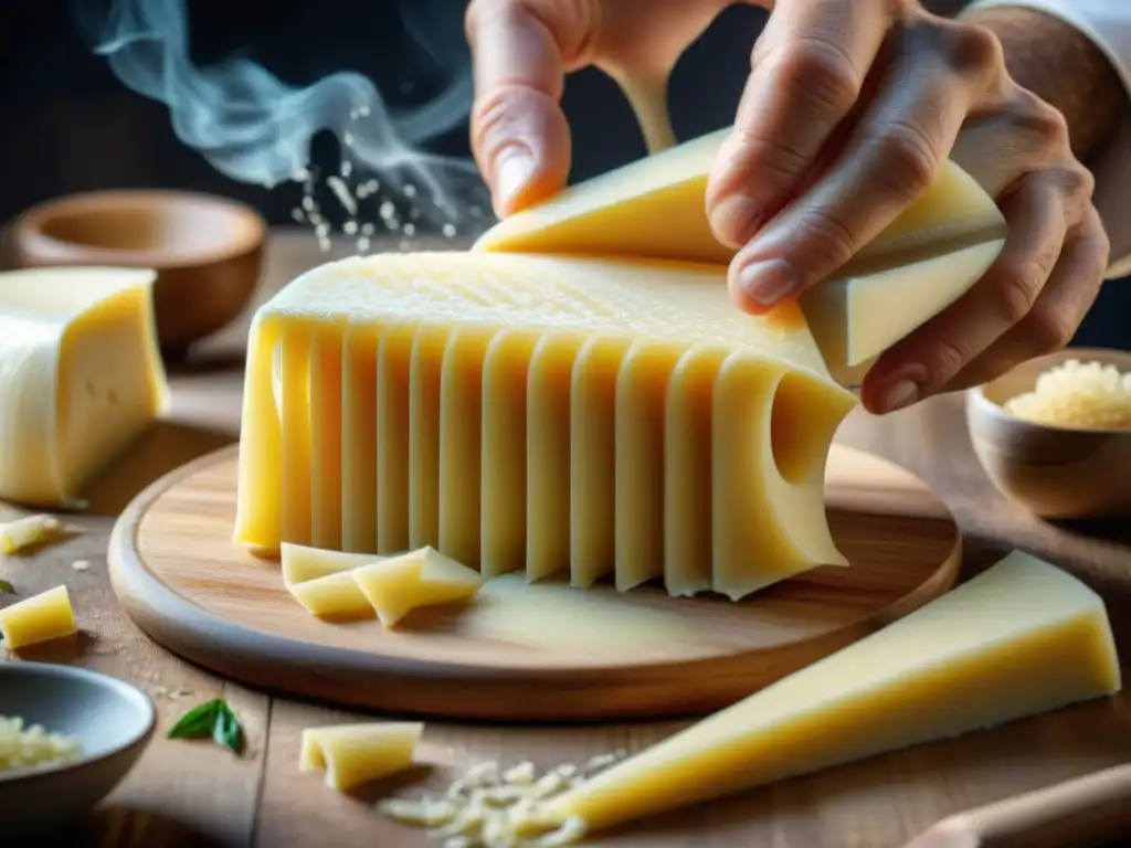 Un chef italiano experto rallando queso Parmigiano Reggiano sobre pasta fresca caliente