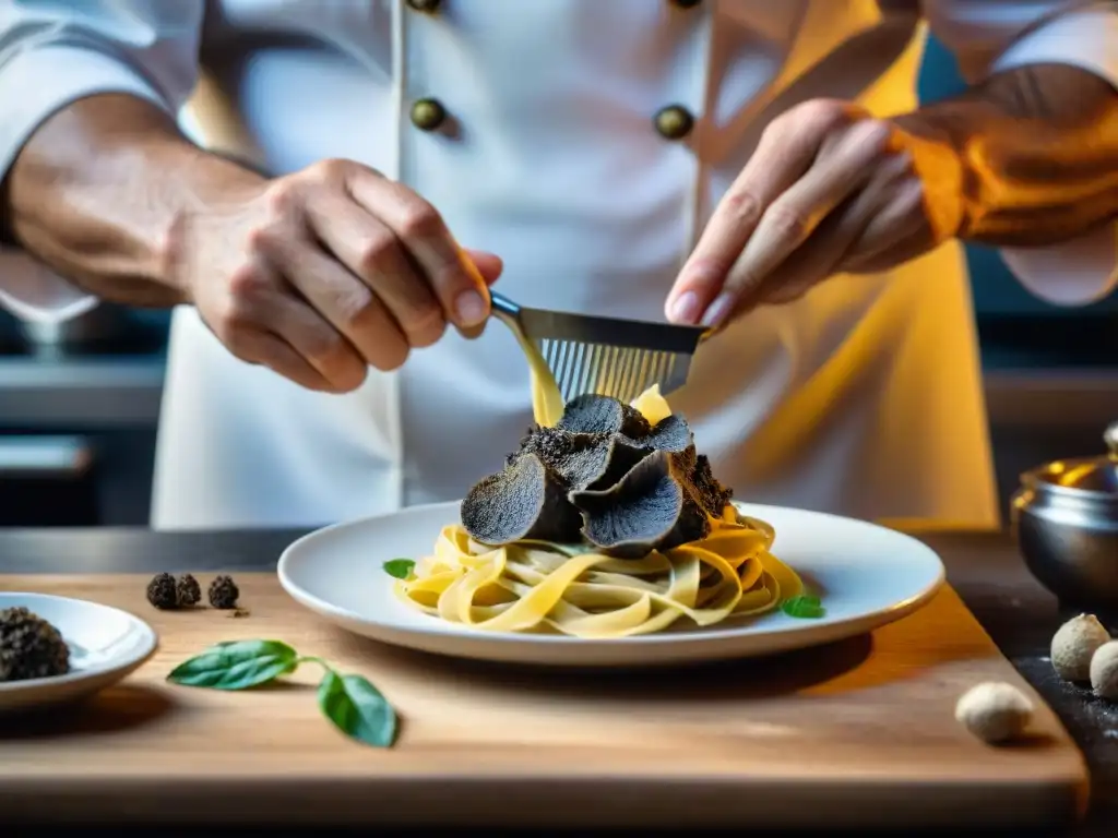 Un chef italiano experto rallando delicadamente una rara y exquisita trufa negra sobre tagliatelle en una cocina rústica