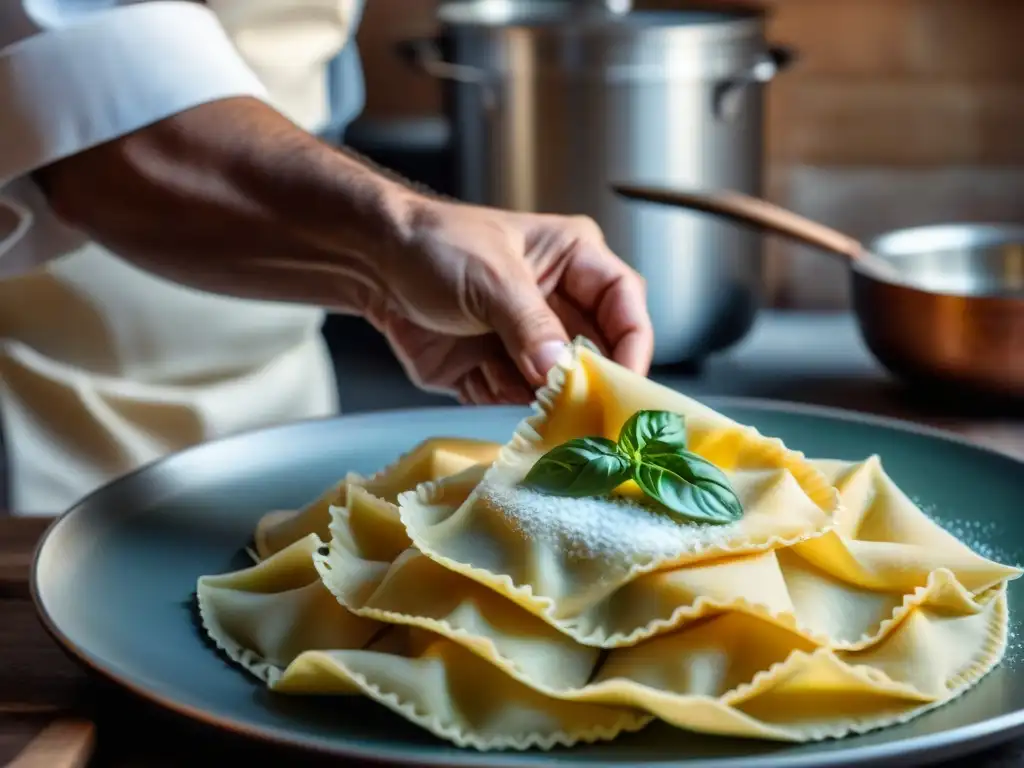 Un chef italiano experto elaborando ravioli, fusionando la gastronomía italiana tradicional y moderna