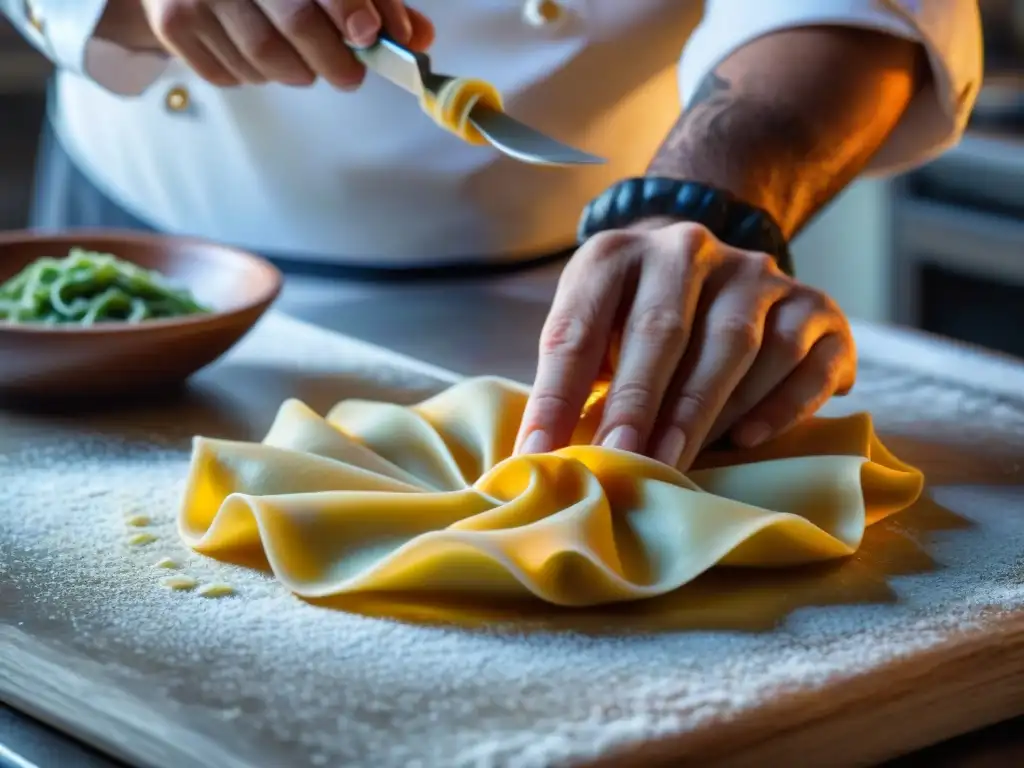 Un chef italiano experto moldea ravioli a mano con una masa colorida, reflejando la innovación en la cocina italiana tendencias